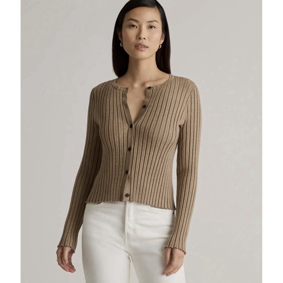 Quince Sweaters - Quince Eco Knit Cropped Rib Button Front Cardigan Warm Taupe EUC Size M